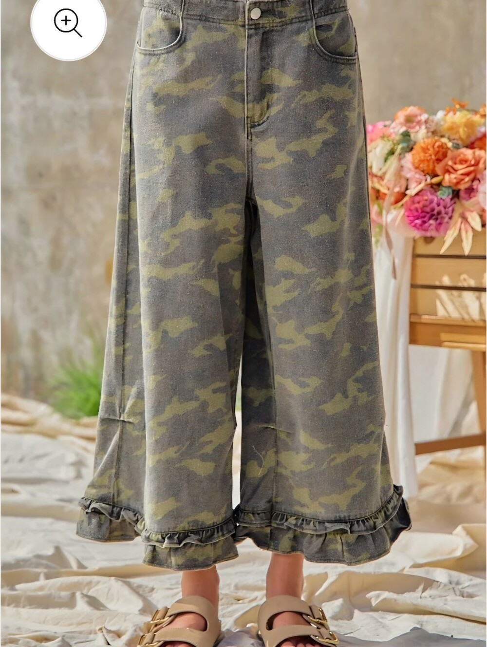245p BiBi Green Camo Wide-Leg Jeans with Ruffle Hem